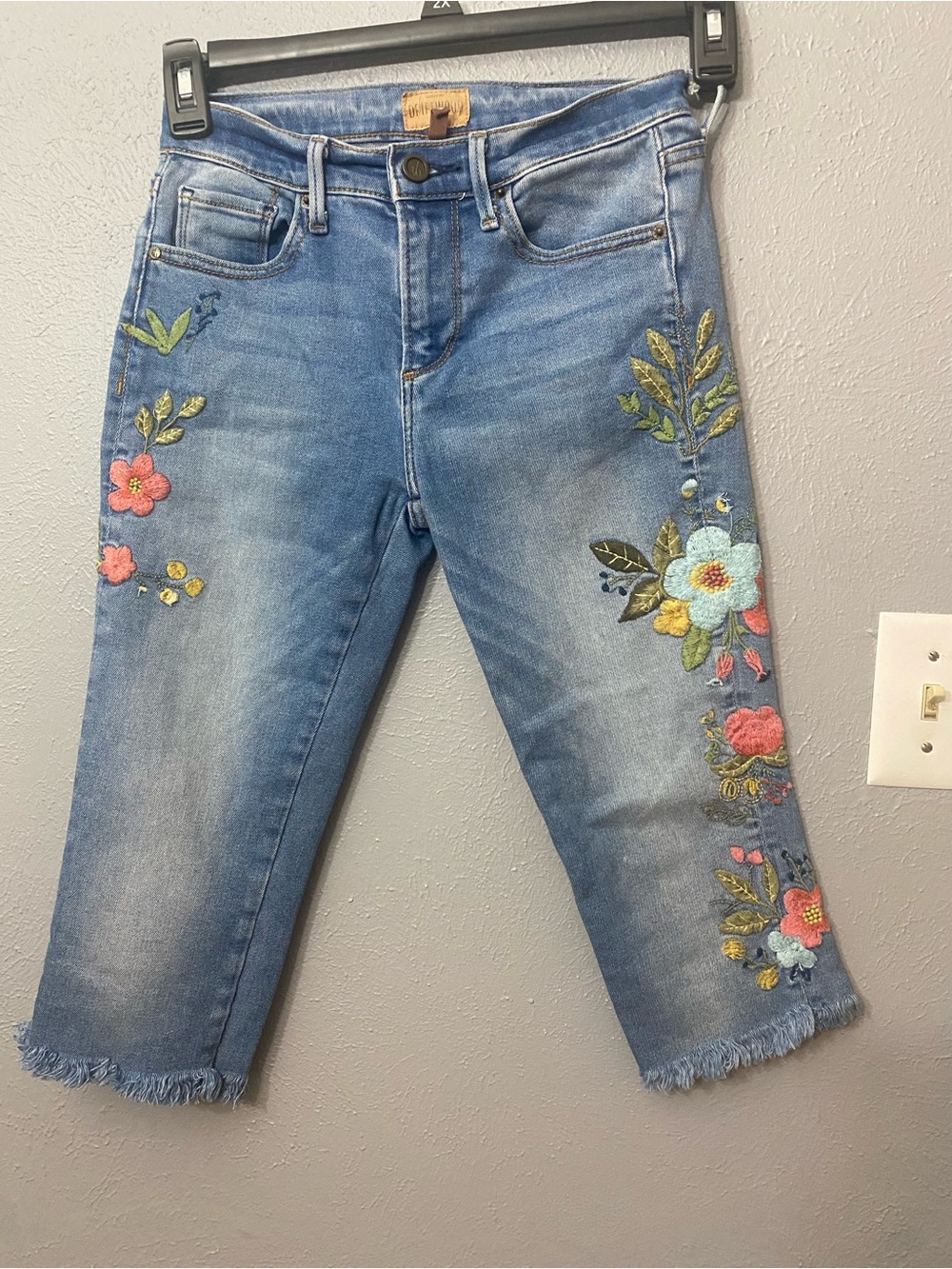 DRIFTWOOD Light Blue Cropped Jackie Capris with Multicolor Floral Embroidery 24
